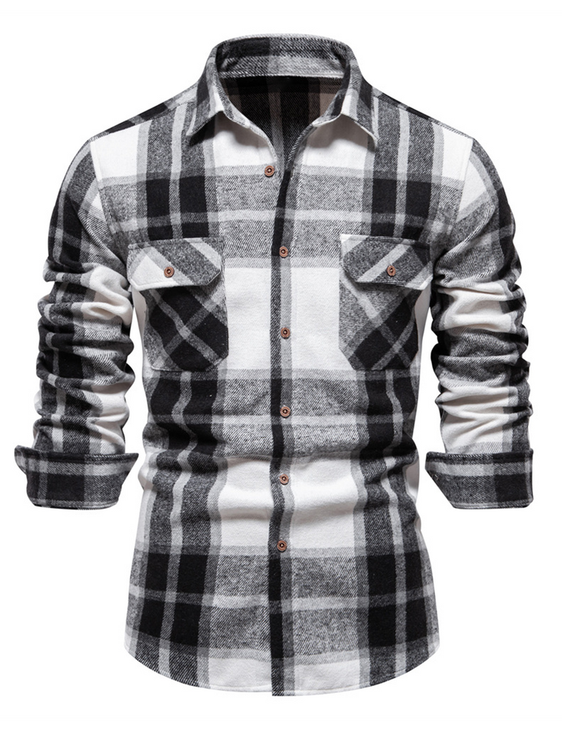 Men's Casual Plaid Pocket Button Up Vintage Long Sleeve Shirt