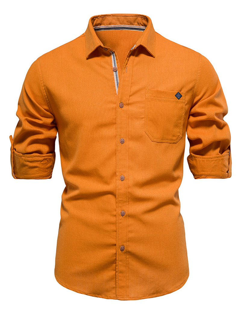 Men's 100% Cotton Casual Cotton Solid Color Pocket Button Long Sleeve Shirt