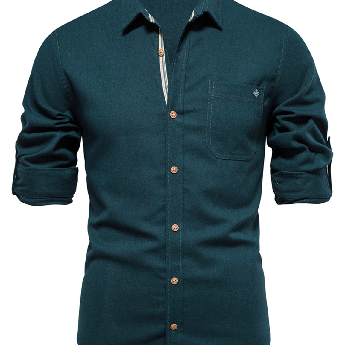 Men's Cotton Solid Color Pocket Button Up Long Sleeve Casual Shirt