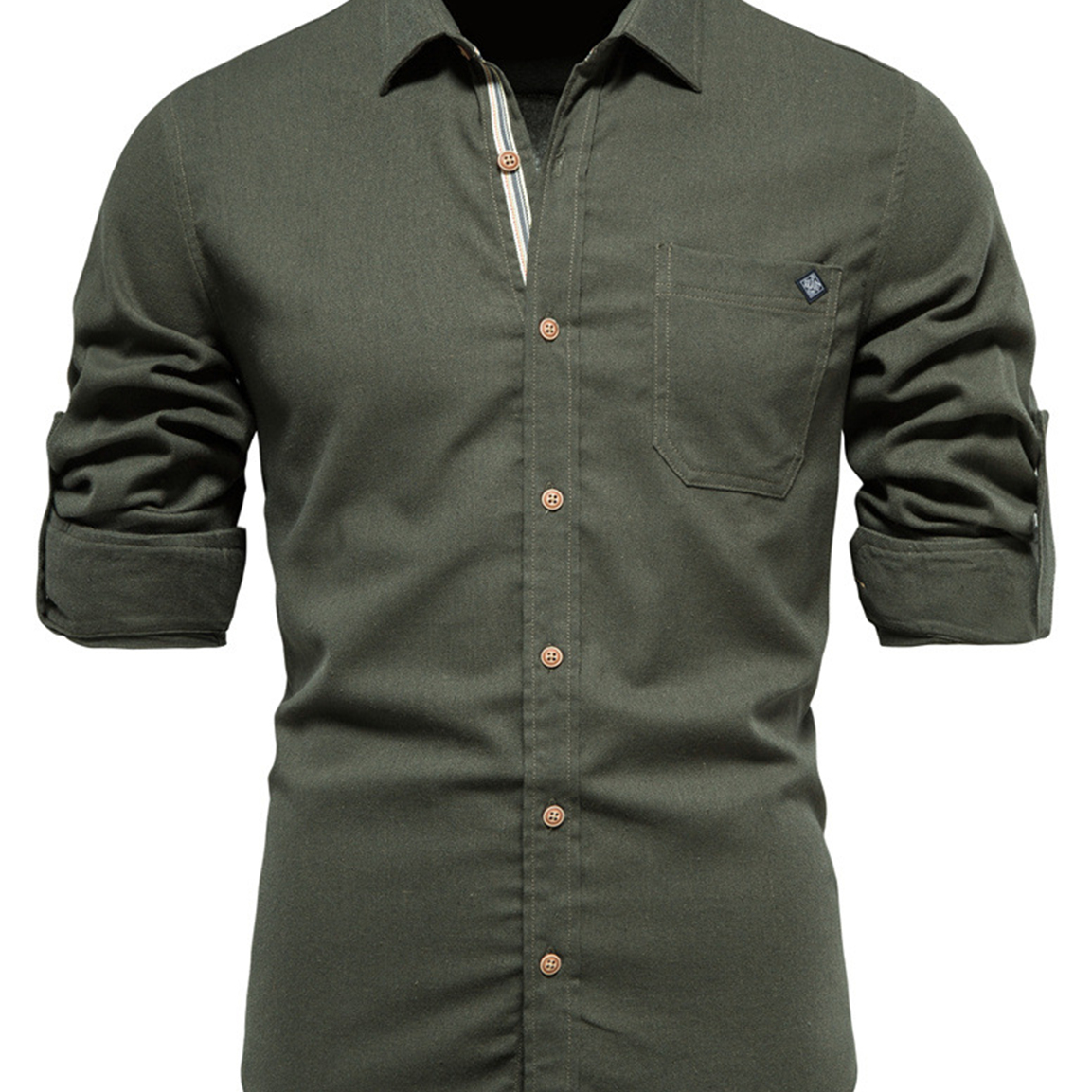 Camisa casual de manga larga con botones y bolsillo de algodón de color sólido para hombre