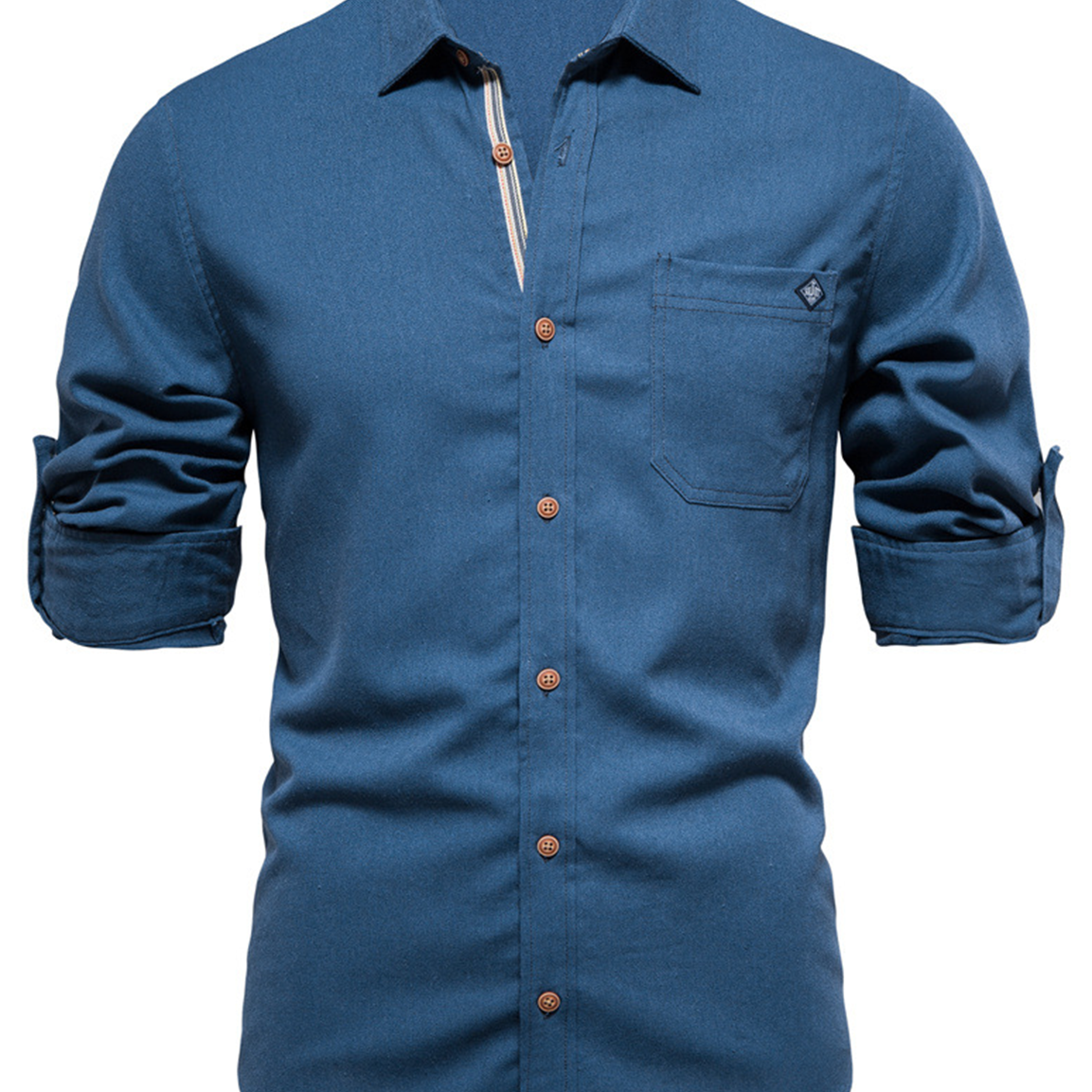 Camisa casual de manga larga con botones y bolsillo de algodón de color sólido para hombre