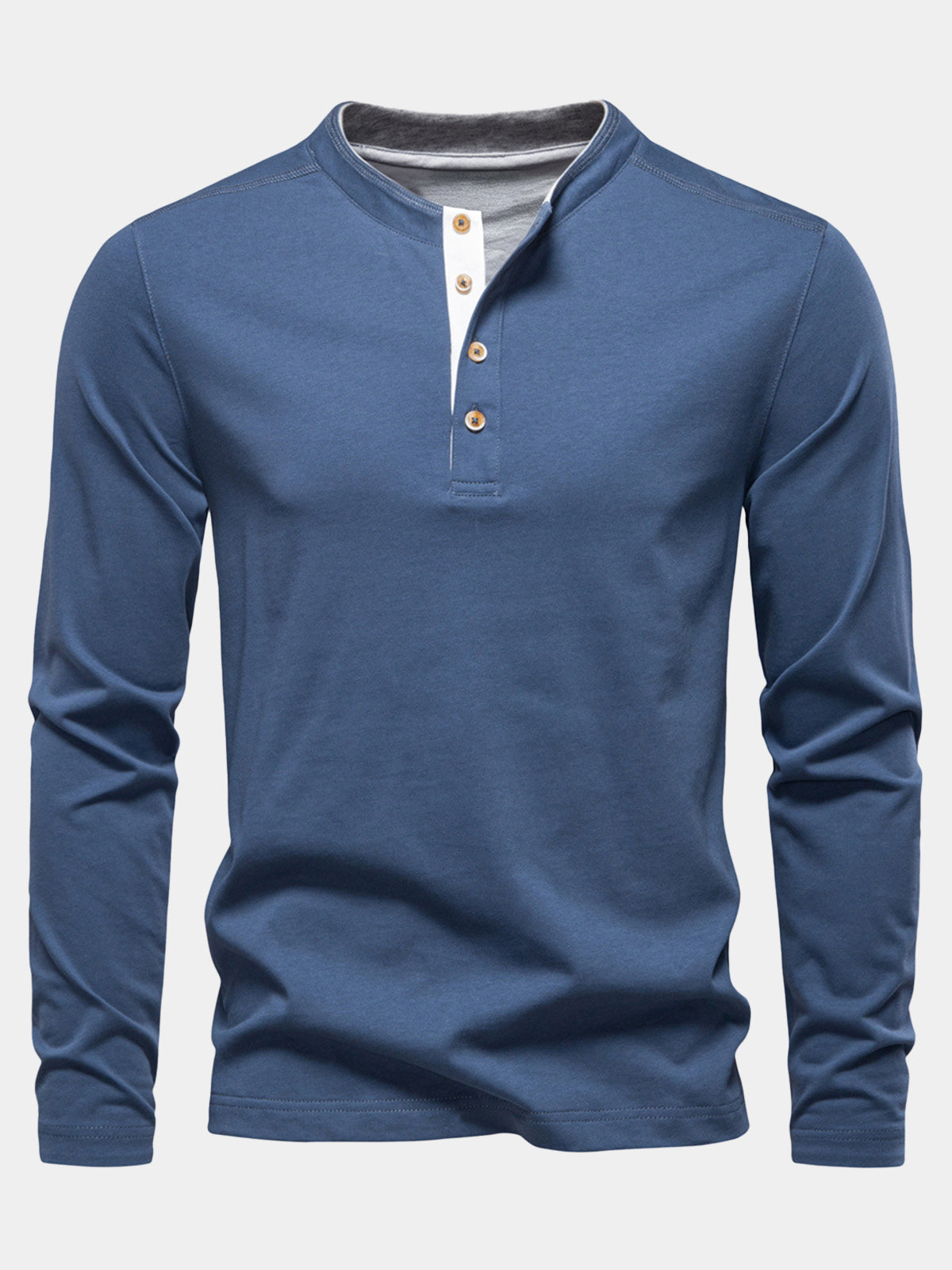 Men's Blue Cotton Contrast Placket Long Sleeve Henley T-Shirt