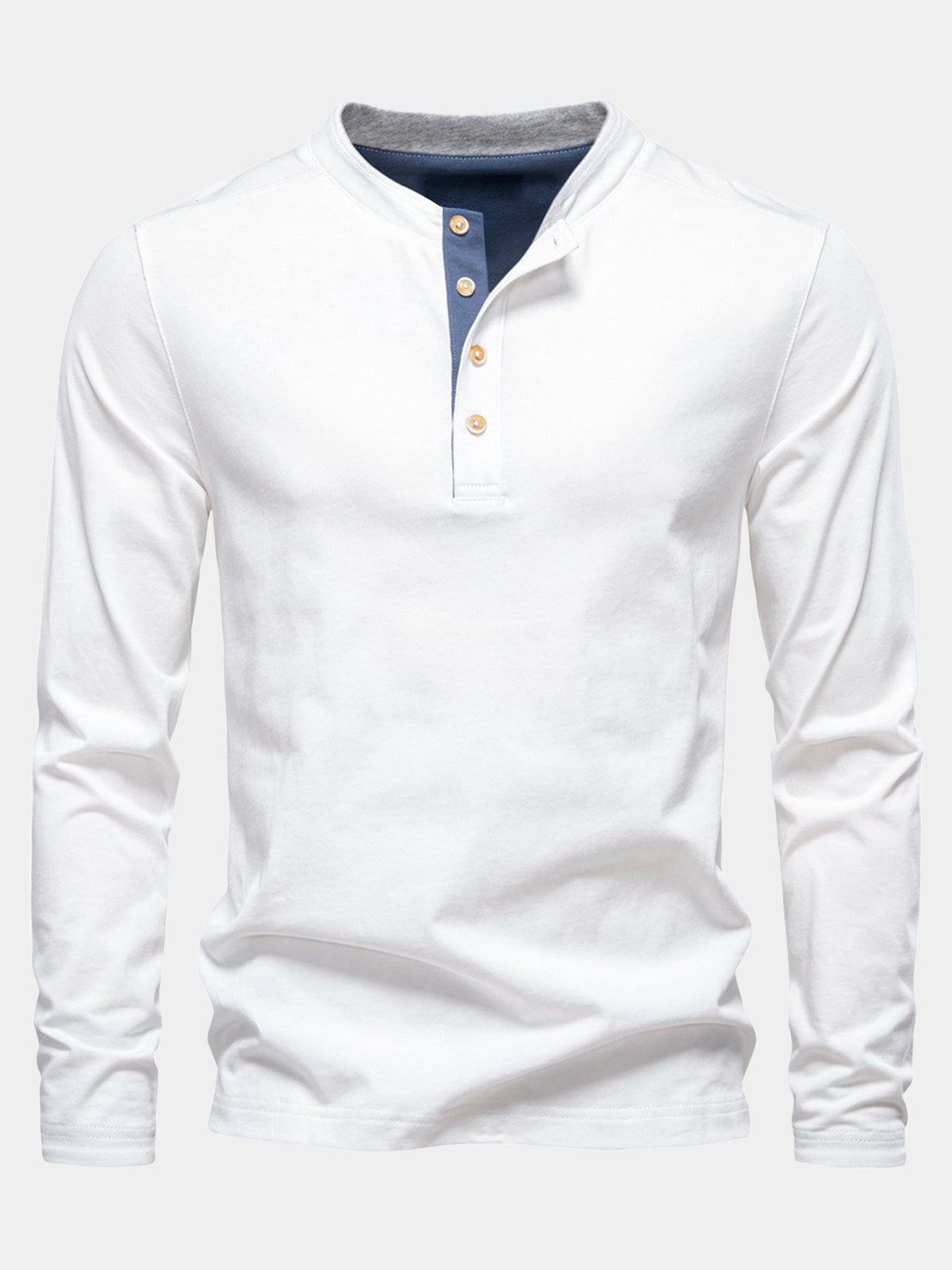 Men's White Cotton Contrast Placket Long Sleeve Henley T-Shirt