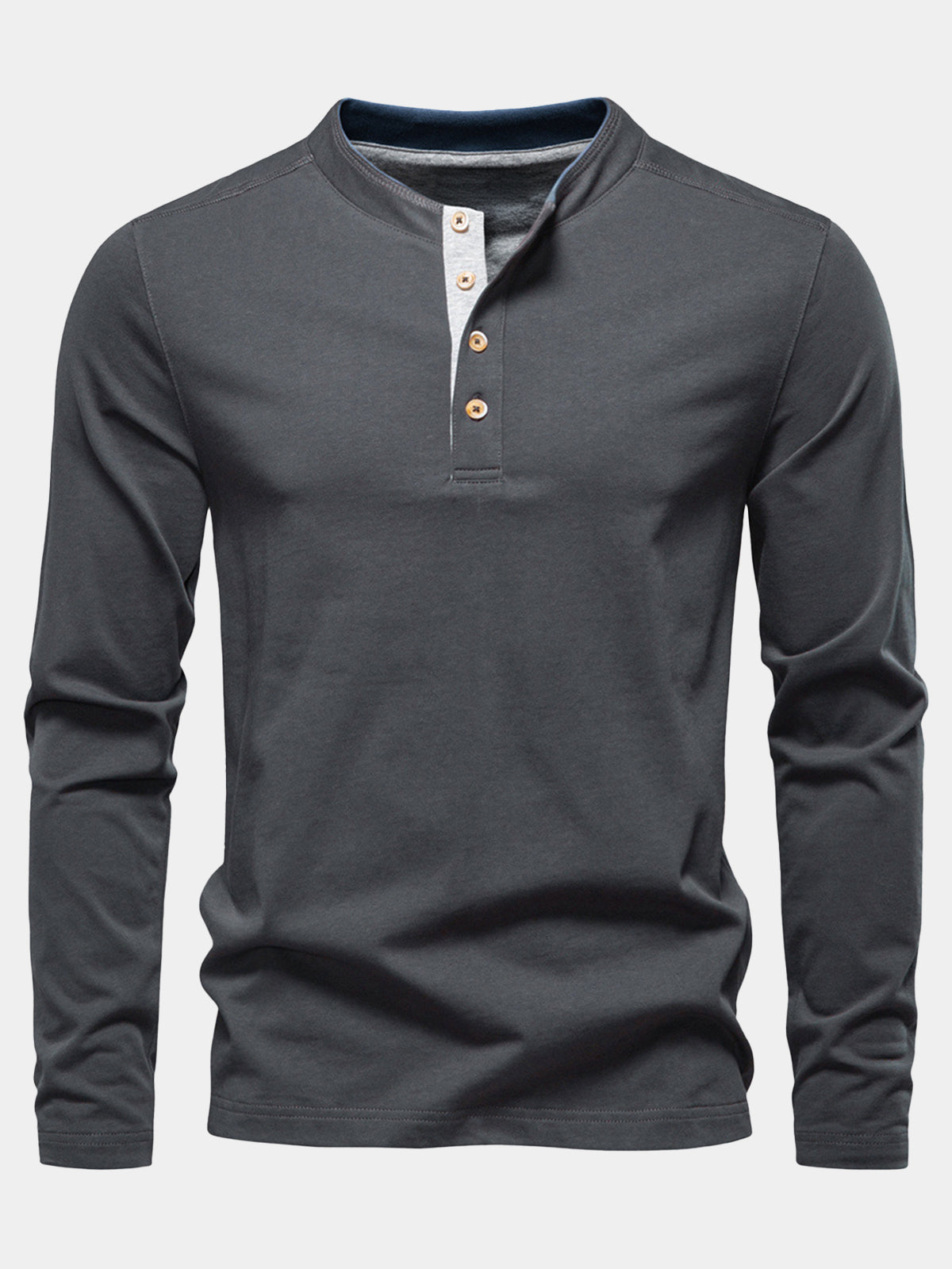 Men's Dark Grey Cotton Contrast Placket Long Sleeve Henley T-Shirt