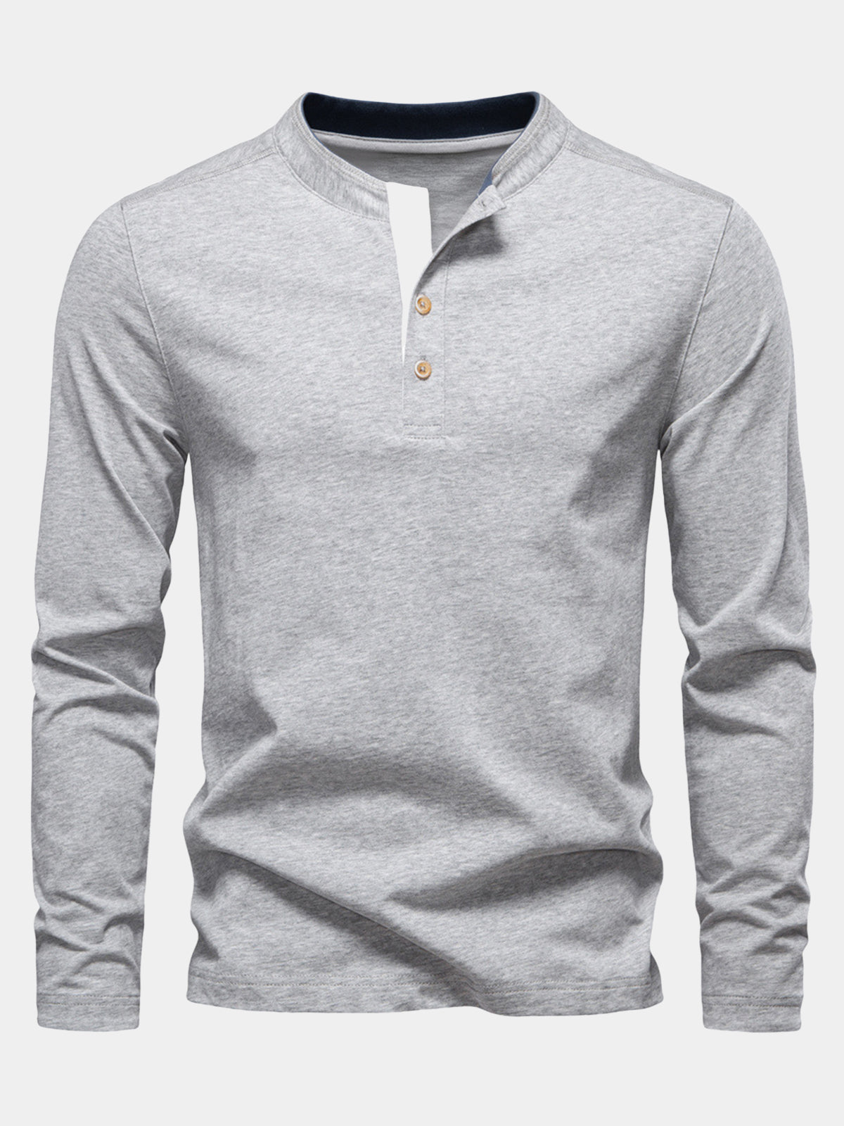 Men's Light Grey Cotton Contrast Placket Long Sleeve Henley T-Shirt