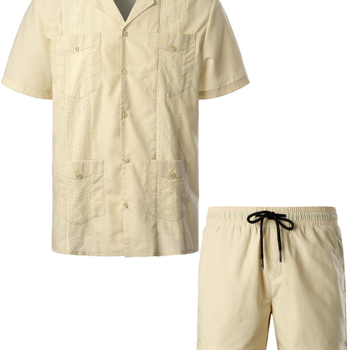 Men's Plus Size Short Sleeve Button Down Cuban Guayabera Matching Shirt and Shorts Set