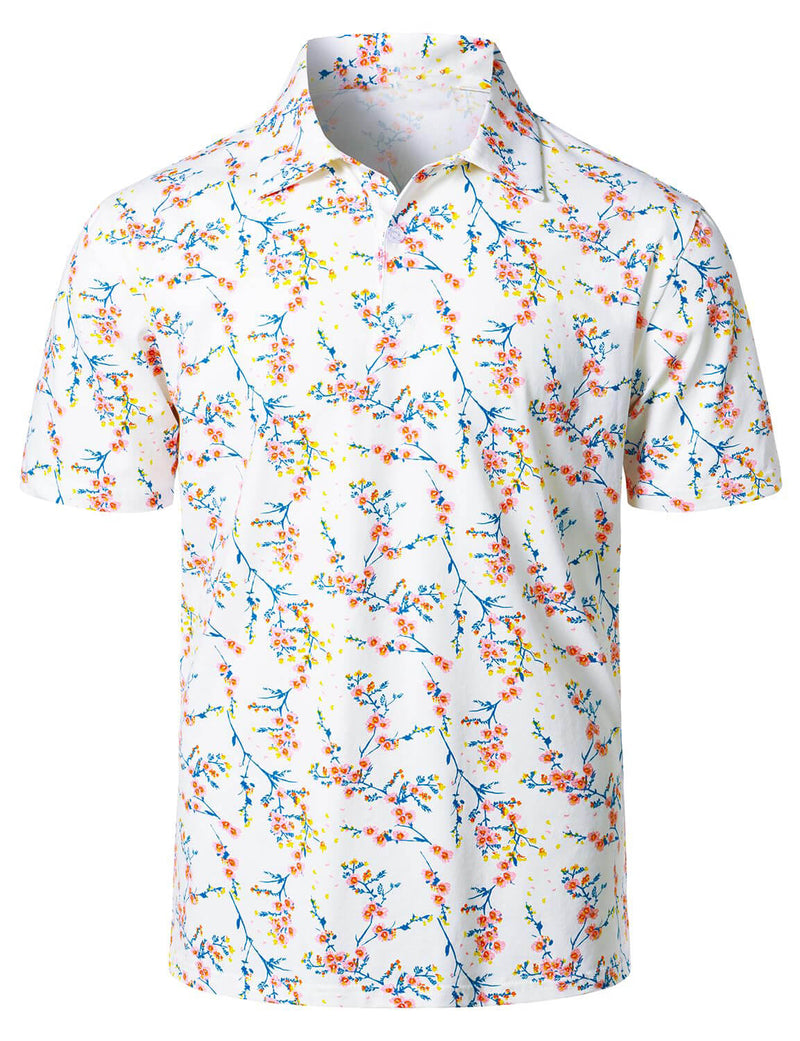 Men's Summer Floral Print White Cotton Vacation Golf Short Sleeve Sports Polo Shirt