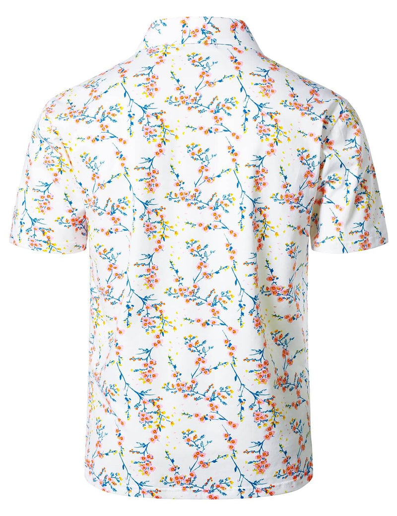 Men's Summer Floral Print White Cotton Vacation Golf Short Sleeve Sports Polo Shirt