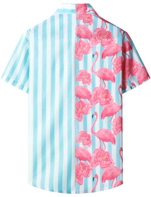 Men's Blue and White Striped Floral Pink Flamingo Print Summer Beach Funny Hawaiian Short Sleeve Shirt