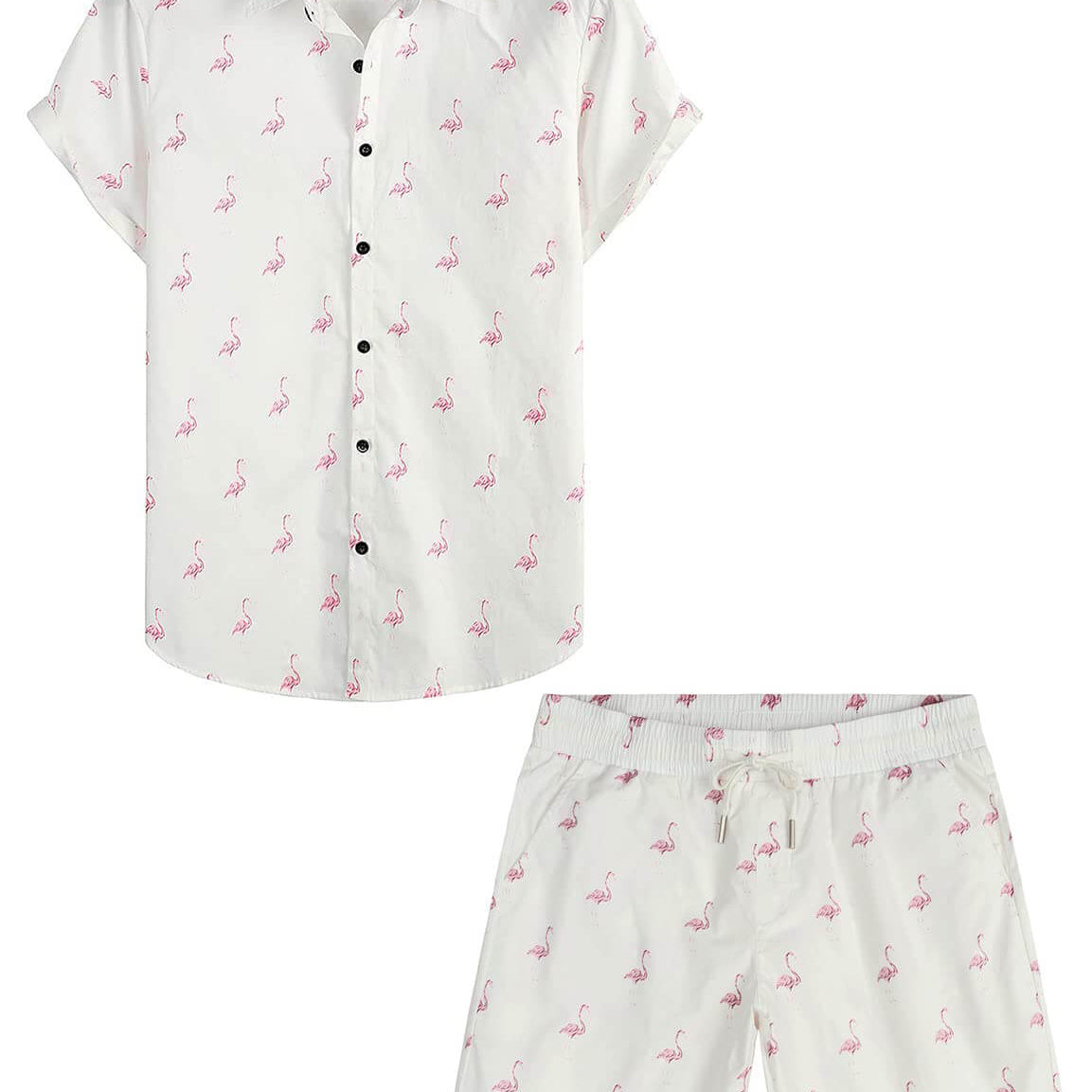 Conjunto de camisa y pantalones cortos de verano con botones de playa de algodón con flamenco blanco para hombre