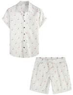 Men's White Flamingo Cotton Beach Button Summer Shirt and Shorts Set