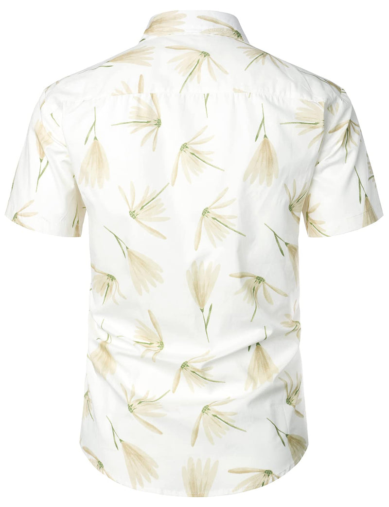 Men's Cotton White Floral Summer Casual Button Up Beach Holiday Short Sleeve Shirt
