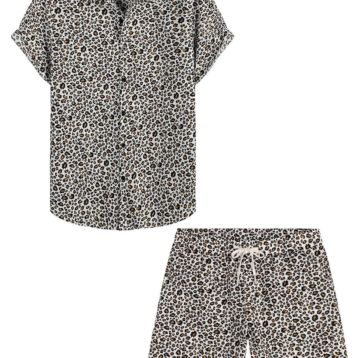 Conjunto de camisa y pantalones cortos a juego de playa hawaiana informal de verano con estampado de leopardo para hombre