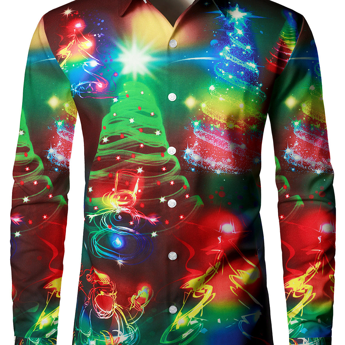 Camisa de manga larga navideña con luces navideñas y árbol de Navidad de neón para hombre