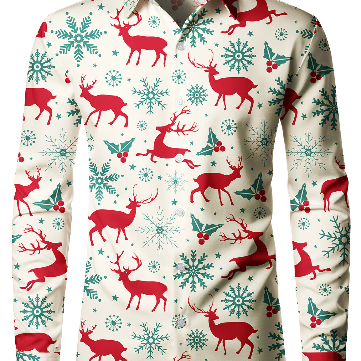 Camisa de manga larga con botones y estampado de alces navideños para hombre, copo de nieve, vacaciones navideñas