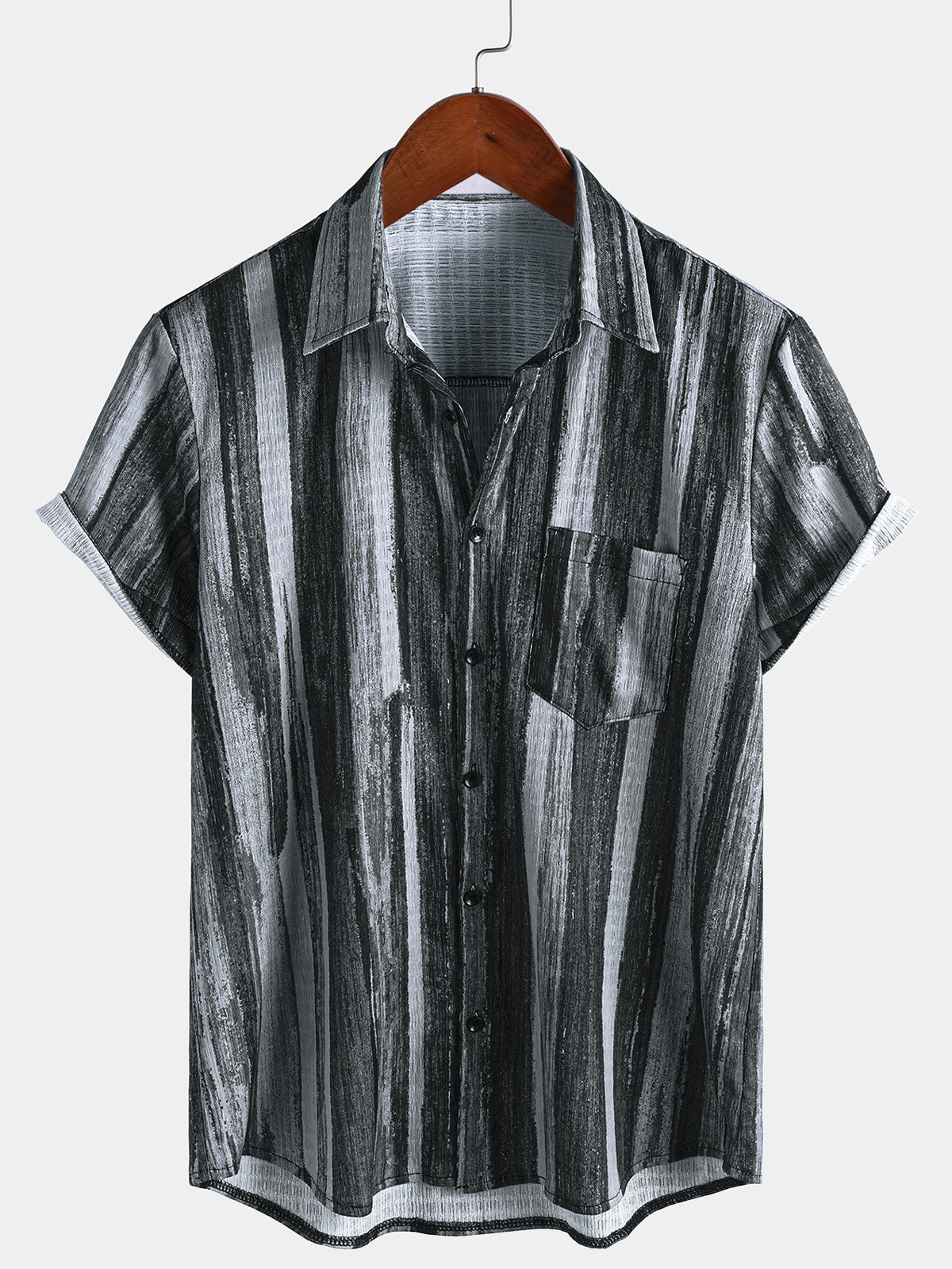 Men’s Vintage Black Striped Hawaiian Button Up Short Sleeve Shirt