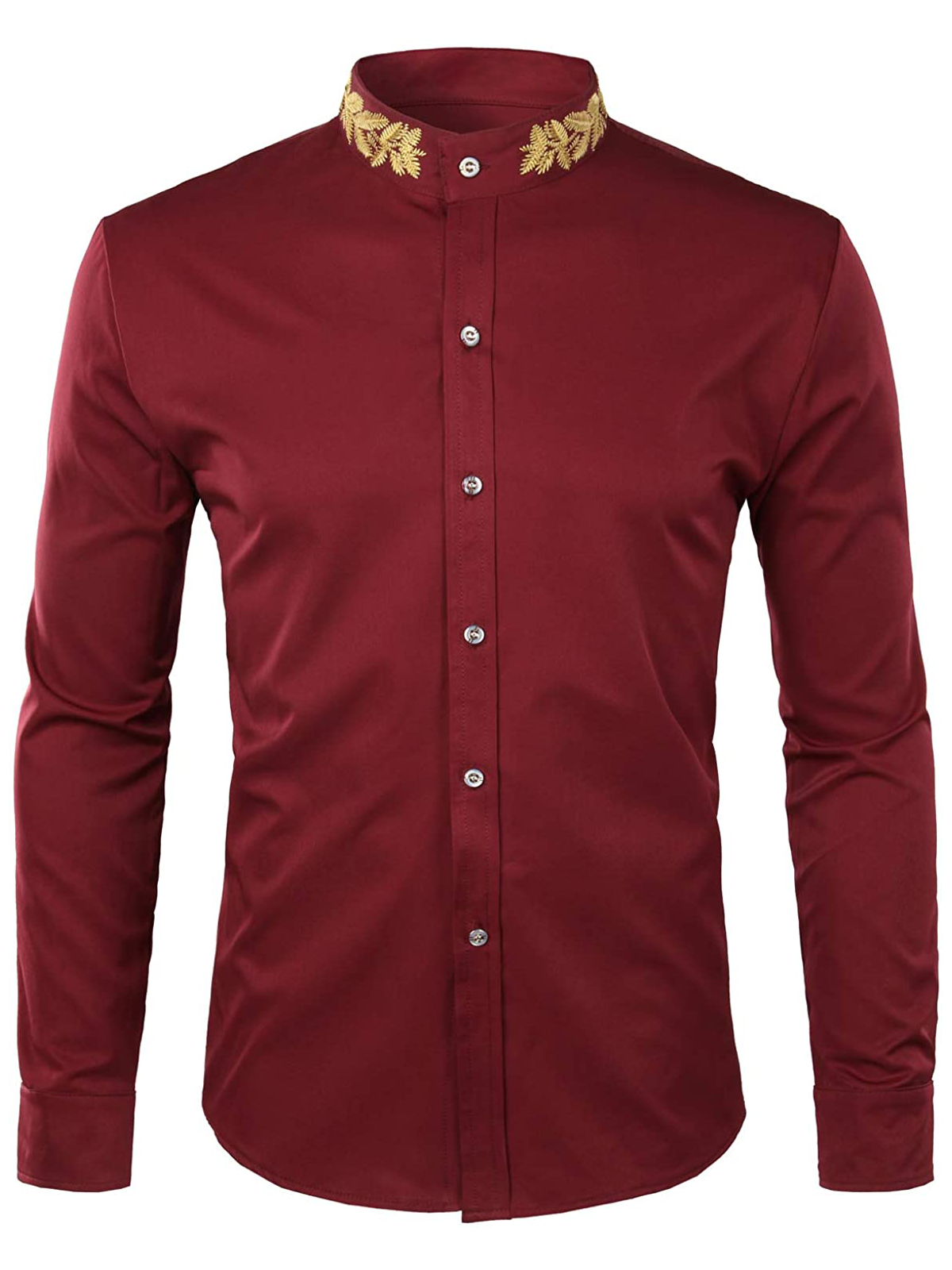Men's Solid Color Collar Embroidered Long Sleeve Shirt