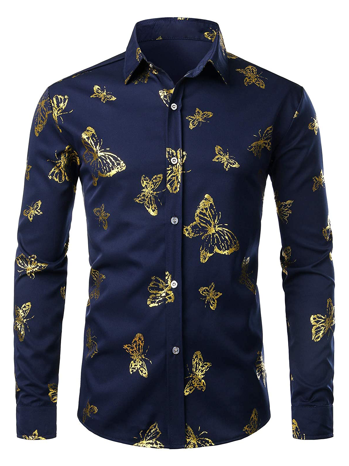 Men's Butterfly Print Long Sleeve Casual Button Dress Shirt