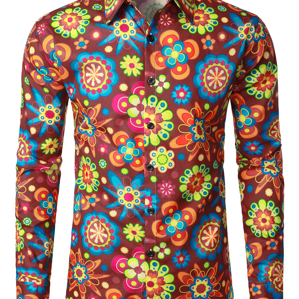 Camisa de manga larga con botones y flores de fiesta de algodón floral para hombre
