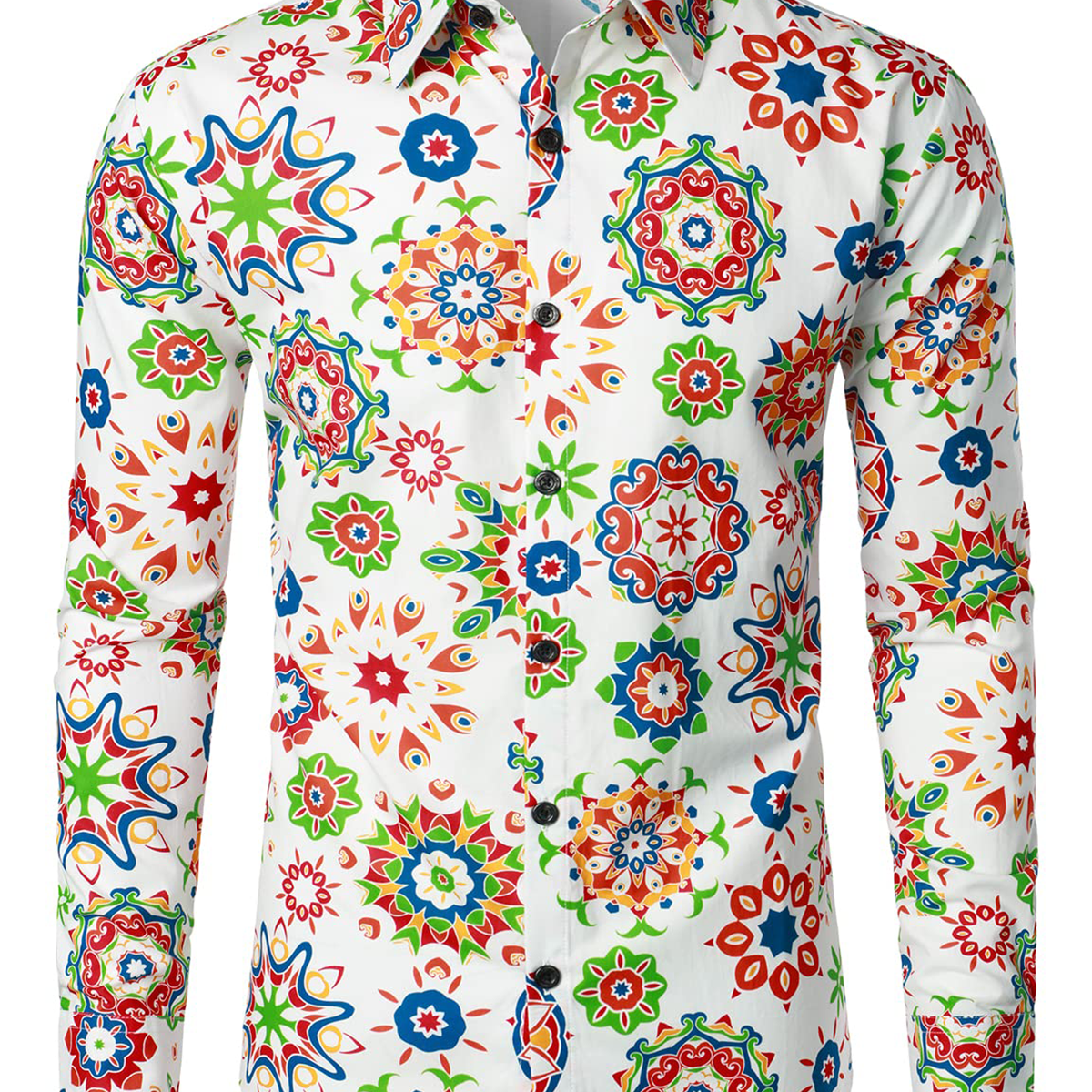 Camisa de vestir de manga larga con botones de flores blancas transpirables de algodón floral para hombre