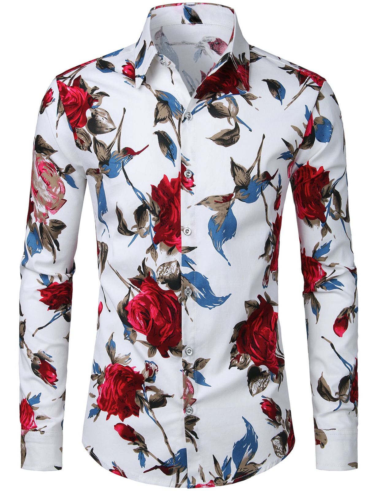 Men's Floral Print Long Sleeve Cotton Casual Button Up Dress Shirt