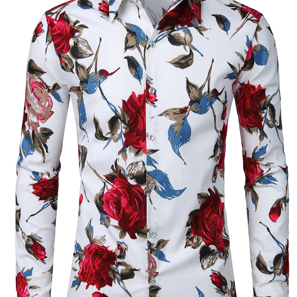 Men's Floral Print Long Sleeve Cotton Casual Button Up Dress Shirt