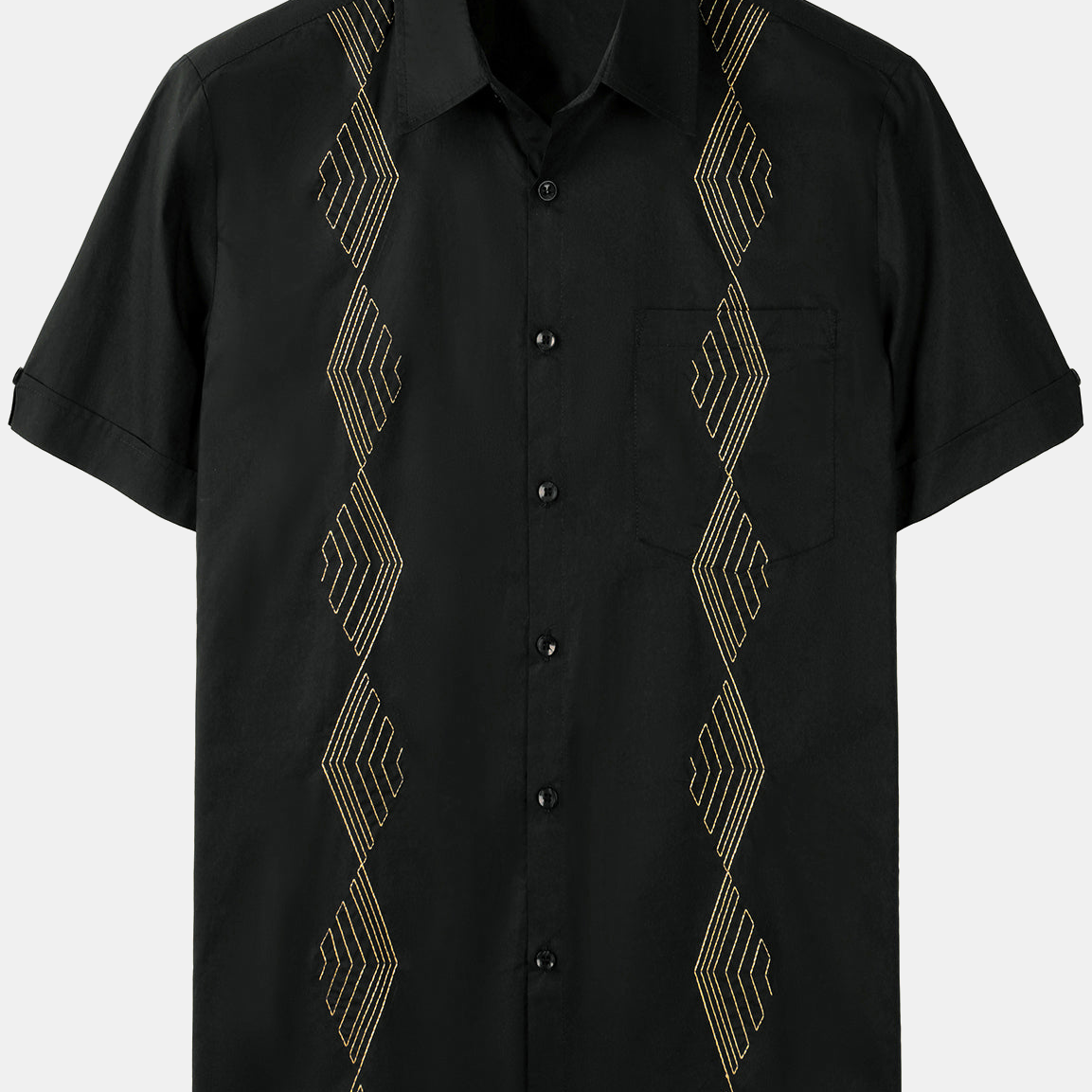 Men's Cotton Embroidered Guayabera Geometric Short Sleeve Button Up Pocket Black Beach Shirt