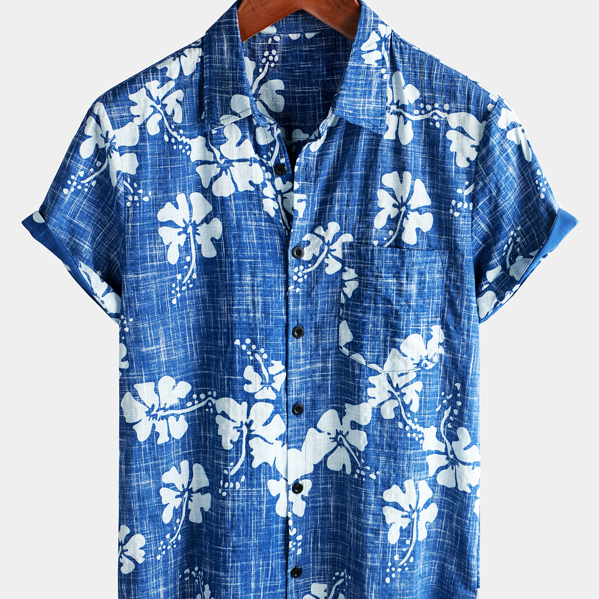 Men's Blue Floral Vintage Short Sleeve Button Up Beach Tropical Hawaiian Shirt