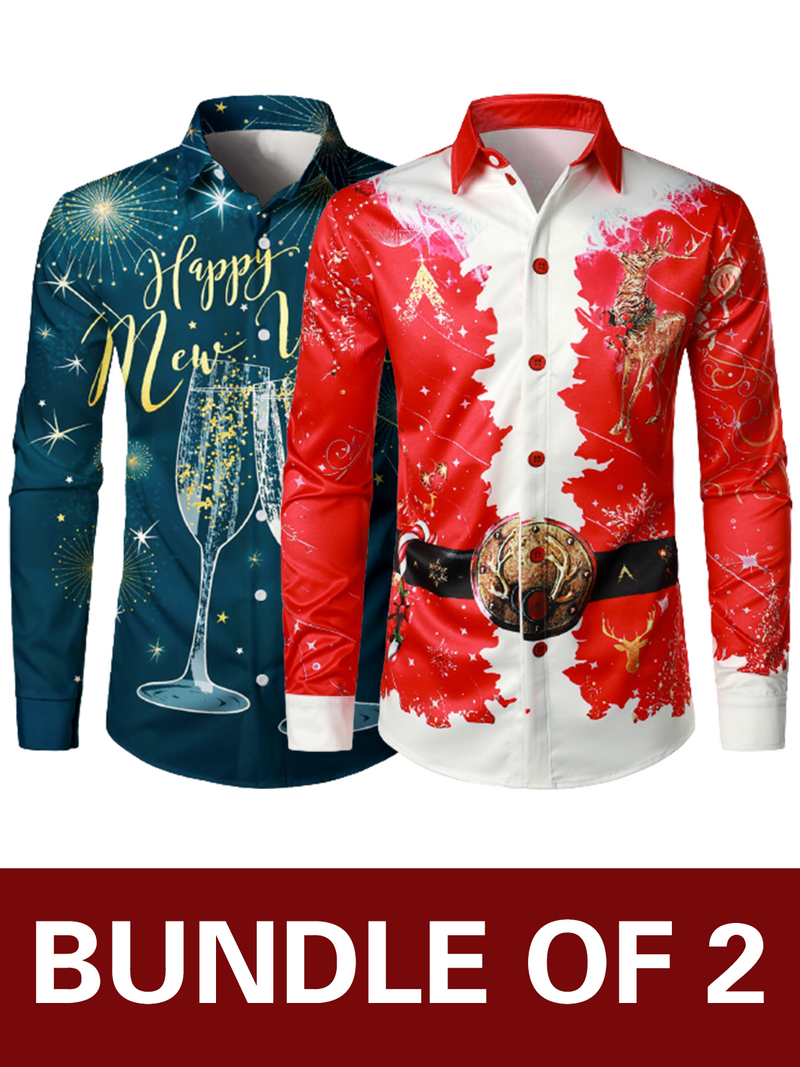 Bundle Of 2 | Men's Christmas Themed Santa & Happy New Year Eve Top Red Funny Outfit Holiday Button Long Sleeve Shirts