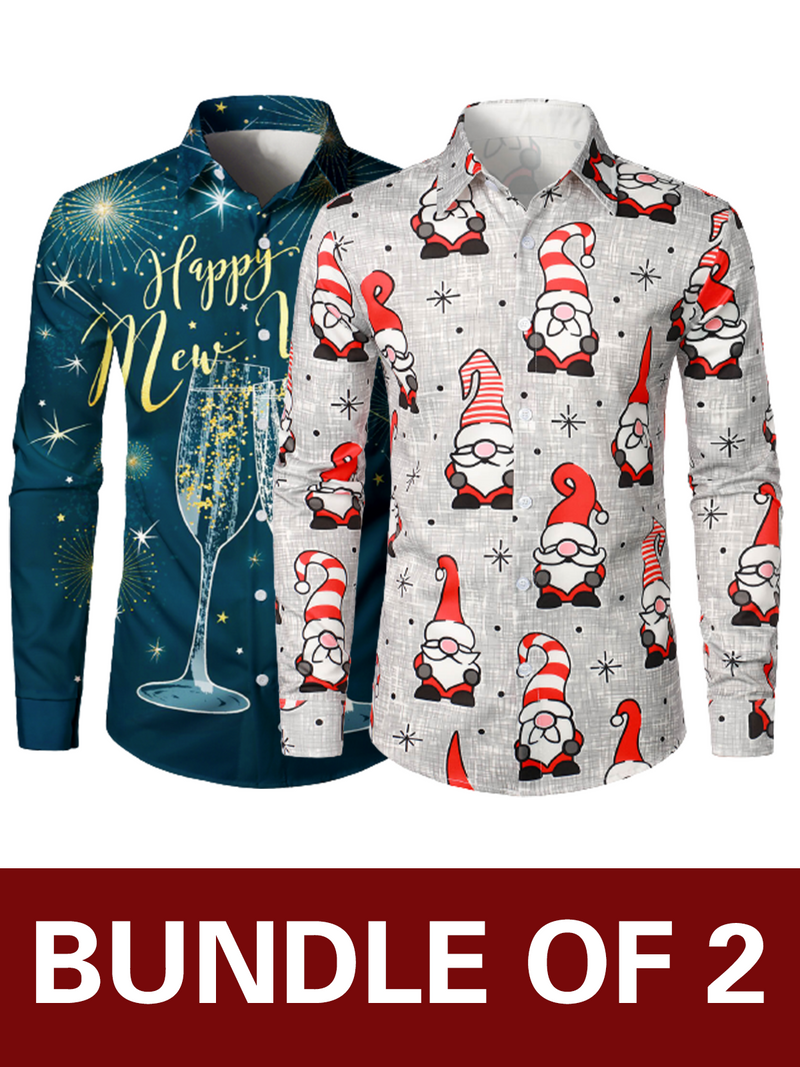 Bundle Of 2 | Men's Christmas Holiday Cute Gnome Print Funny & Happy New Year Eve Long Sleeve Shirts