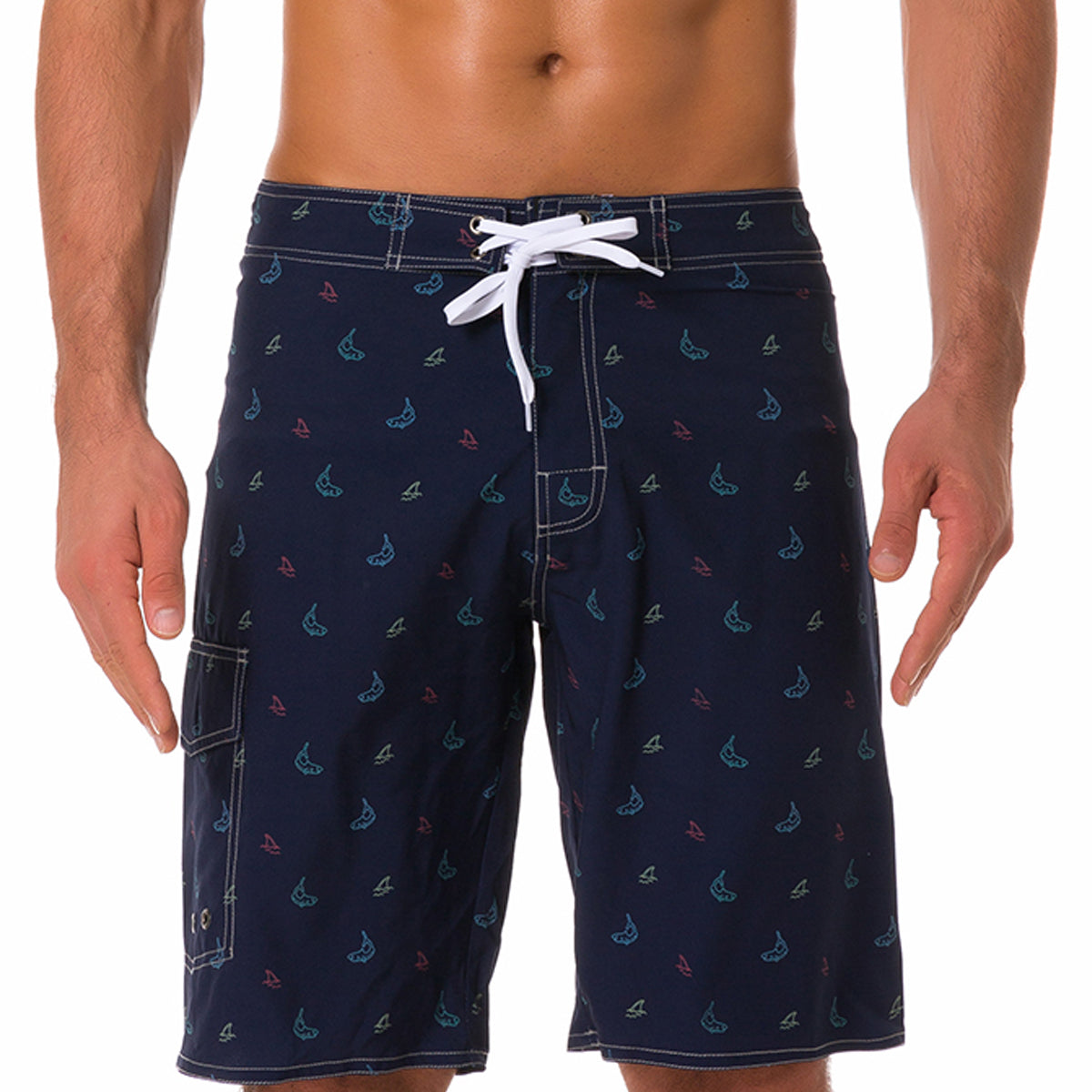 Men's Whale Print Navy Blue Casual Flat Waist Hawaiian Shorts Summer Beach Boardshorts