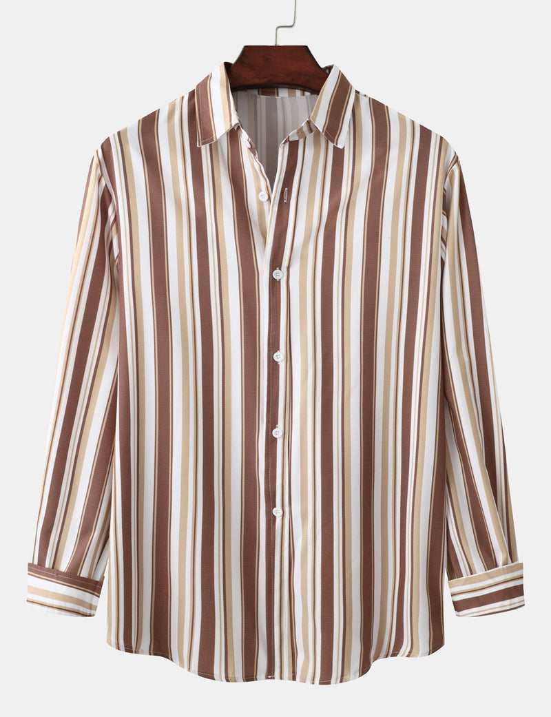 Men's Brown Striped Button Up Classic Casual Long Sleeve Shirt