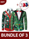 Bundle Of 3 | Men's Christmas Print Regular Fit Long Sleeve Shirt & 3 Pairs Holiday Xmas Socks
