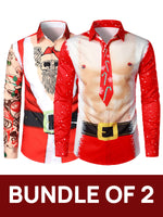Bundle Of 2 | Men's Christmas Themed Santa Claus Muscle Print Costume Red Lapel Long Sleeve Shirts
