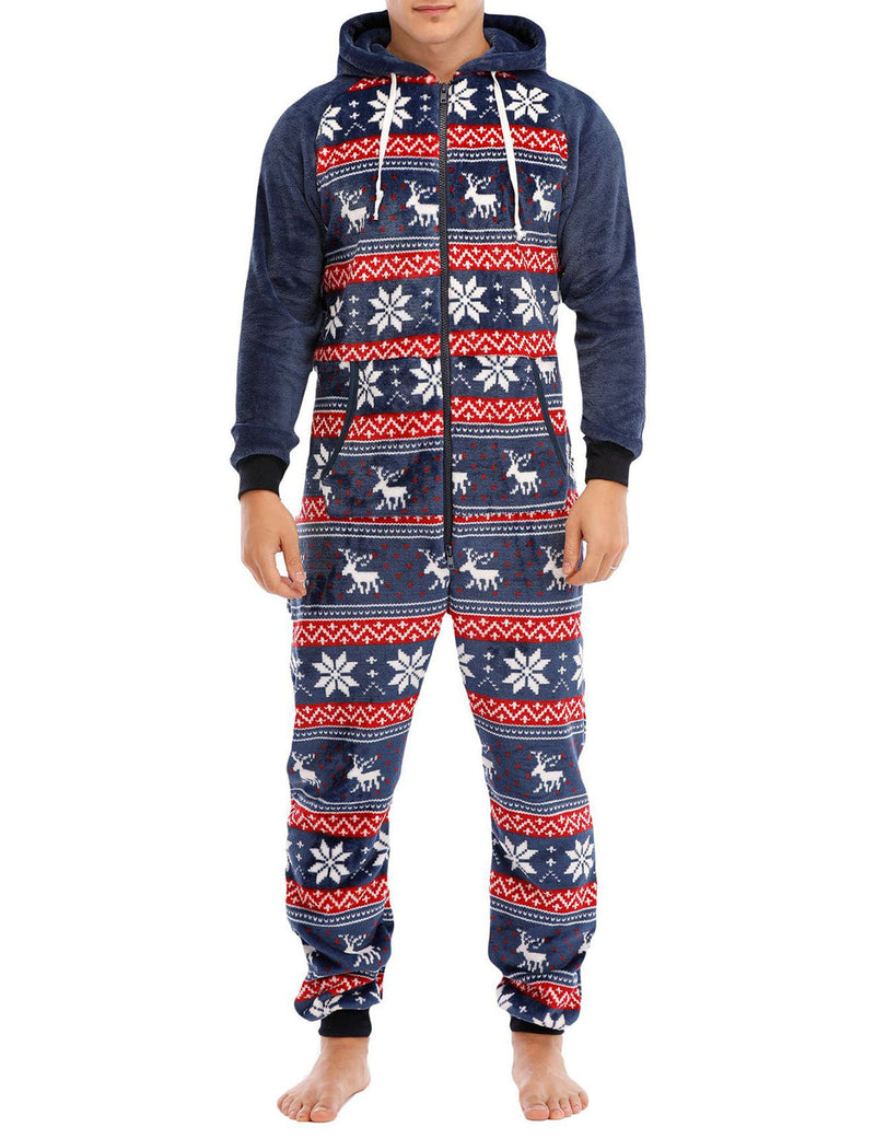 Men’s Christmas Elk And Snowflake Print Flannel Hooded Zipper Pocket Onesies Pajamas Loungewear