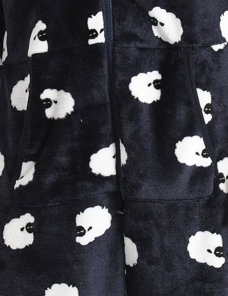 Men’s Cute Sheep Print Casual Flannel Hooded Zipper Pocket Onesies Pajamas Loungewear