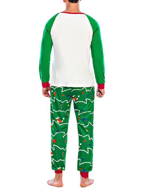 Men's Green Christmas Tree Print Xmas Holiday Pajama Loungewear Set