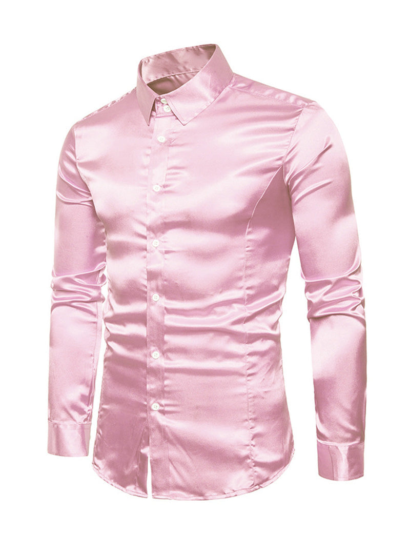 Men's Satin Smooth Button Up Tuxedo Long Sleeve Party Dress Shirt