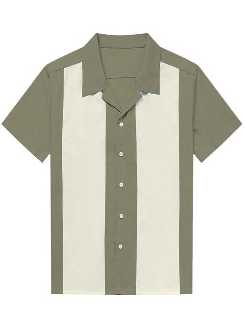 Men's Cuban Collar 50's Retro Camp Bowling Blue Short Sleeve Shirt