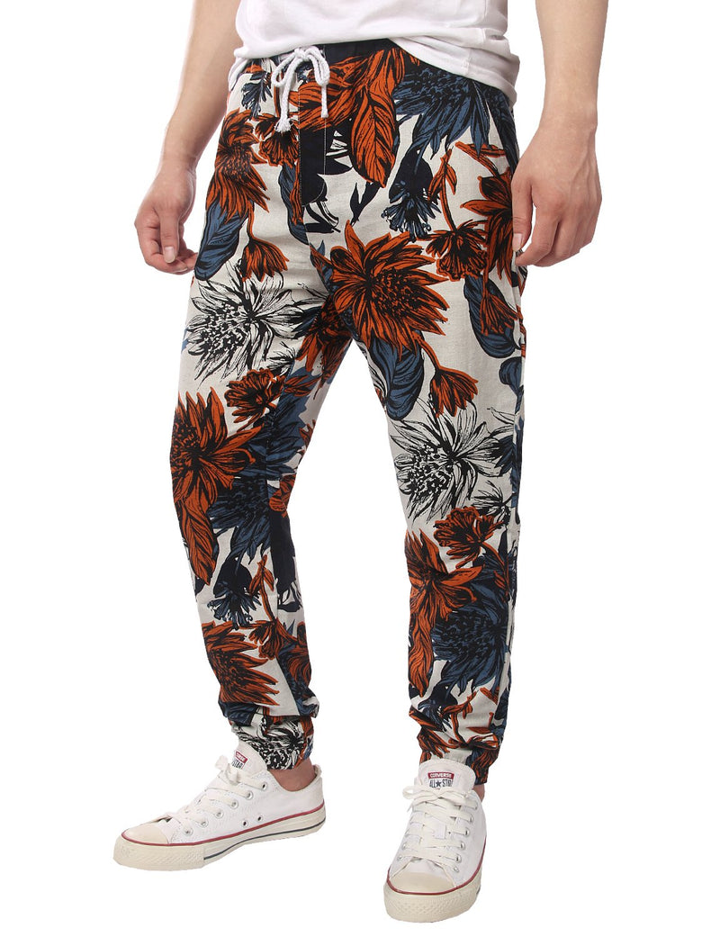 Men's Jogger Cotton Pants Flower Printed Drawstring Trousers(Red)