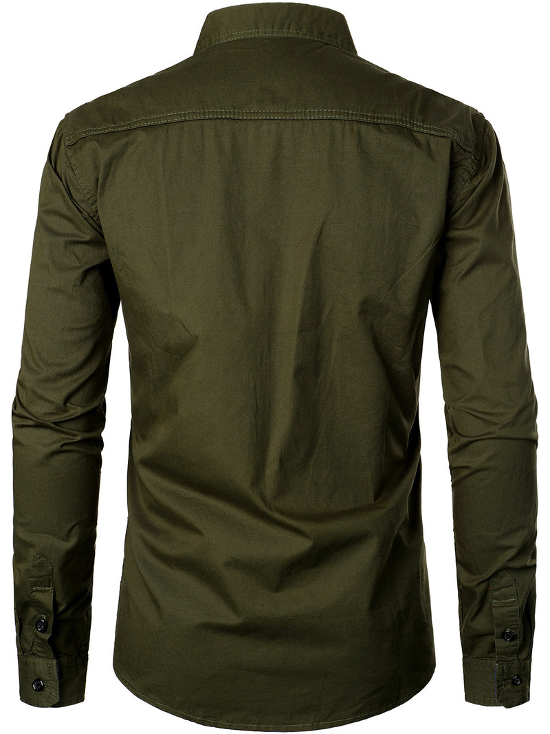 Men's Long Sleeve Lapel Pocket Cotton Army Outdoor Casual Shirt