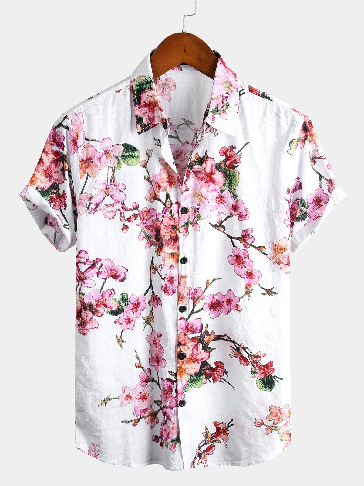 Men's Flower Print Cotton Hawaiian Floral Button Short Sleeve Shirt