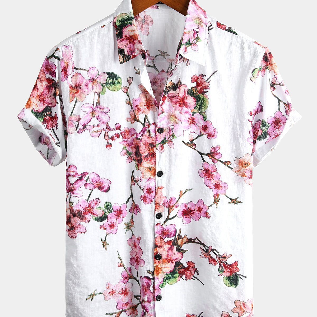 Men's Flower Print Cotton Hawaiian Floral Button Short Sleeve Shirt