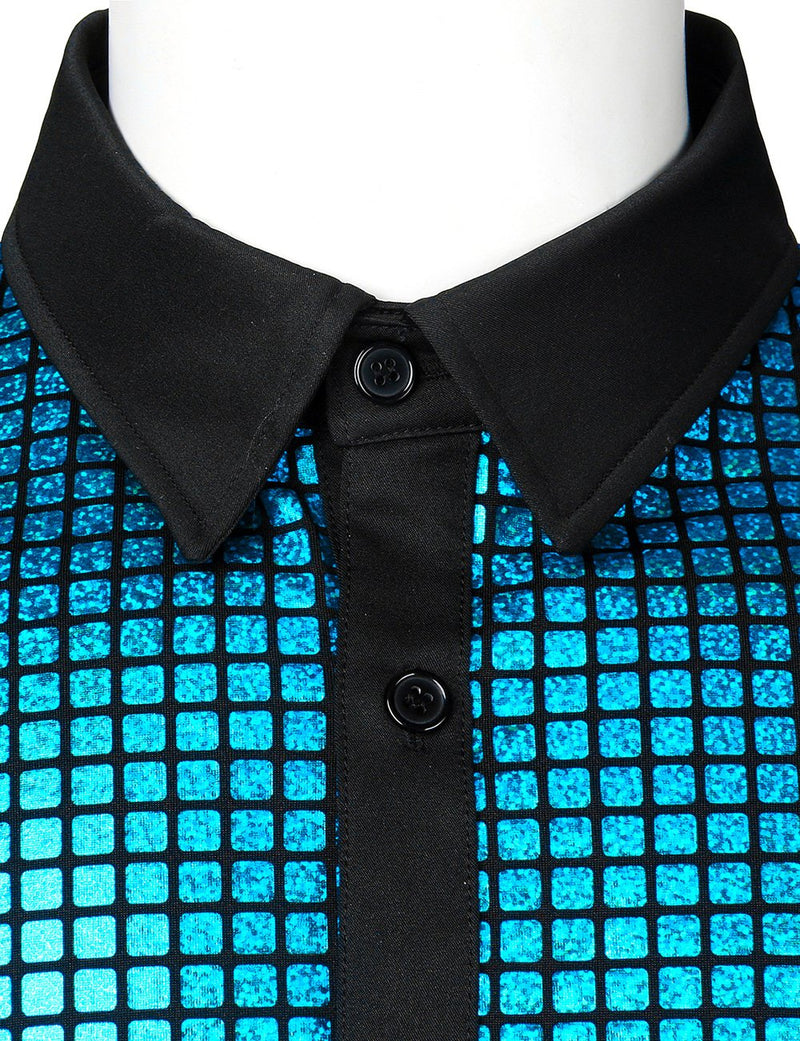 Men's Button Up Short Sleeve Sequins Disco Shirt