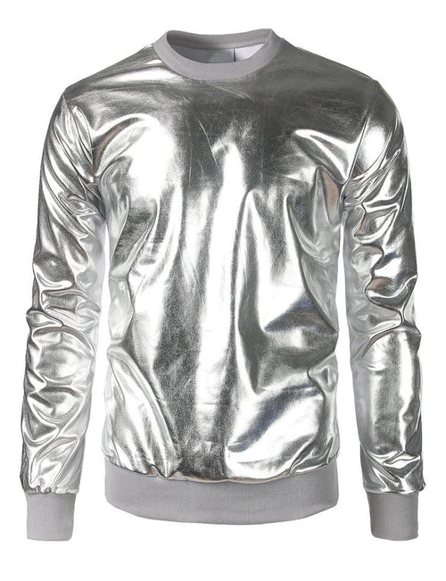 Men's Silver Shiny Party 70s Disco Top Costume Sweatshirt