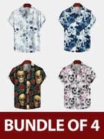 Bundle Of 4 | Men's Skull Floral Print Casual Lapel Button Short Sleeve Shirts