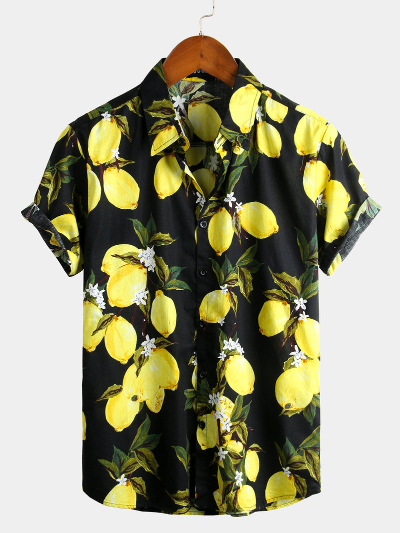 Men's Yellow Lemon Print Short Sleeve Hawaiian Shirt