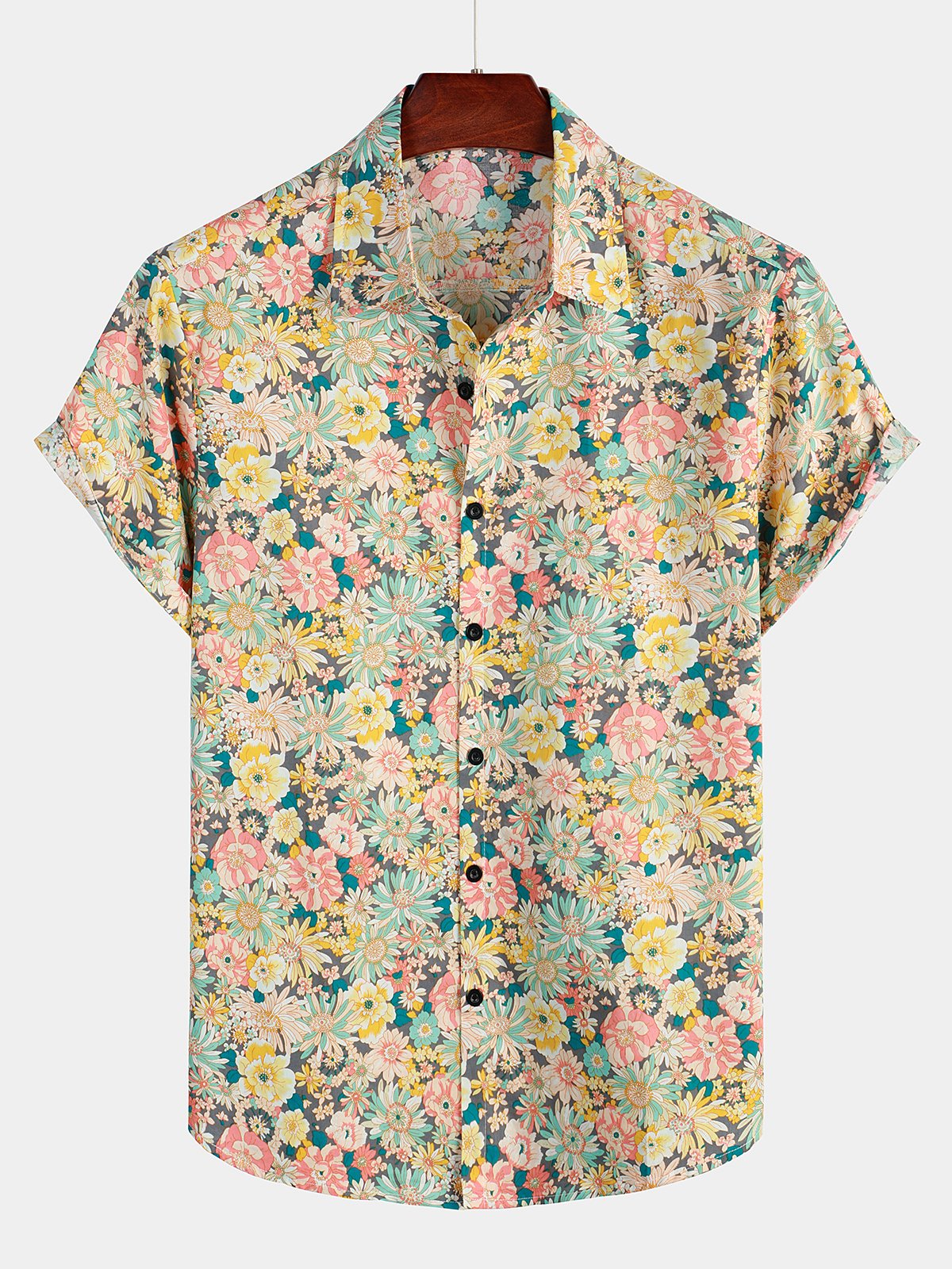 Men's Vintage Floral Cotton Button Up Short Sleeve Shirt