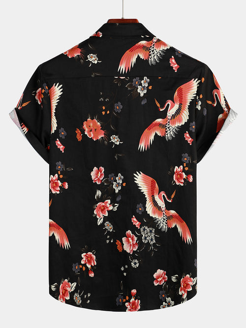 Men's Black Vintage Floral Print Short Sleeve Shirt