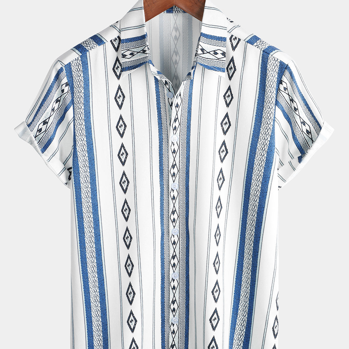 Camisa informal con botones y estampado azteca retro de manga corta vintage a rayas azules y blancas de los años 70 para hombre